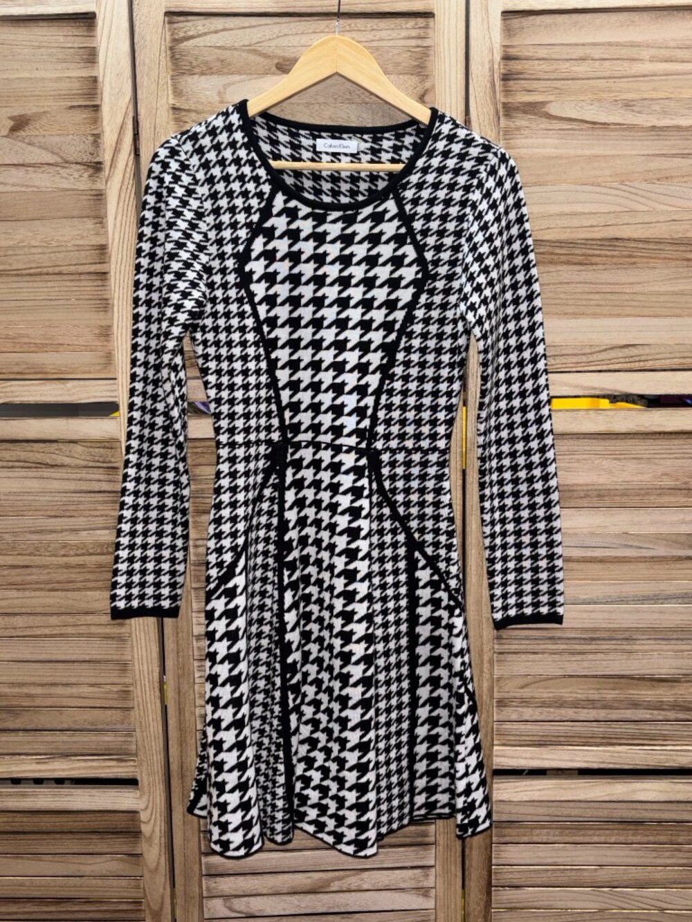Calvin Klein Houndstooth Fit & Flare Long Sleeve Knit Sweater Dress Size S